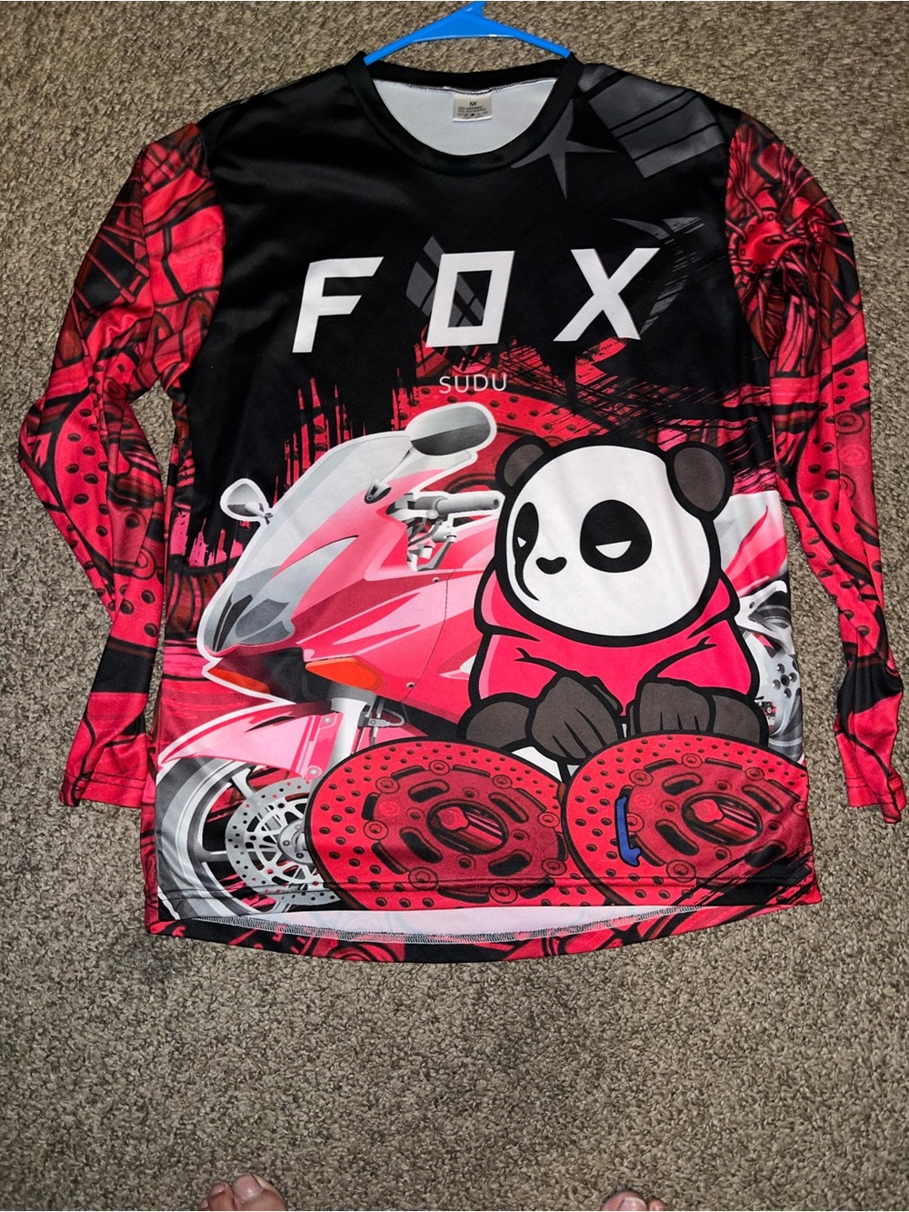 Fox woman Red & Black Long-Sleeve Graphic Tee with Panda and Motorcycle